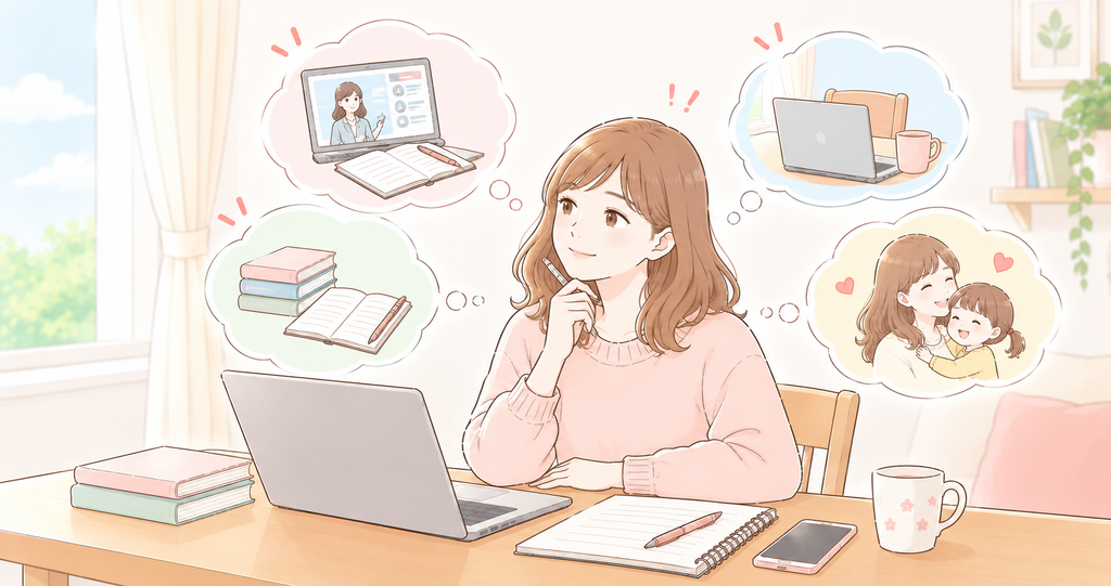 在宅ワークスクールや独学など、自分に合う学び方を考える女性のイラスト