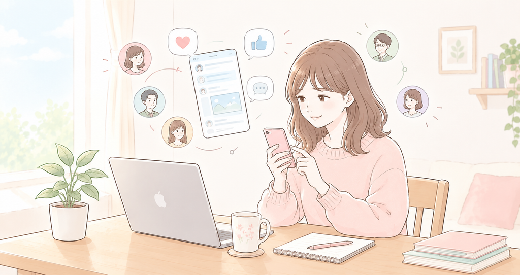 Xで人との交流を続けることが在宅ワークの仕事につながった女性のイラスト