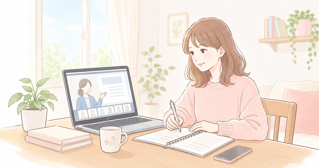 在宅ワークスクールをオンラインで受講して学習する女性のイラスト