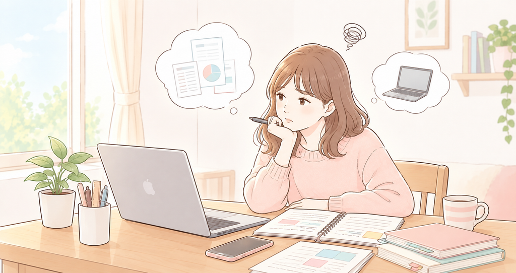 在宅ワークスクールで学んだことと実際の仕事の違いを考える女性のイラスト